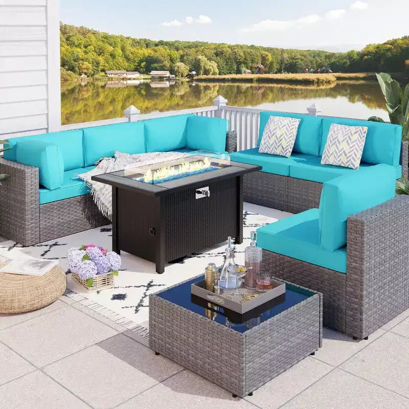 Celebalcony 8-Piece Patio Furniture Set with 45 Fire Pit Table,Outdoor Sectional Conversation Set Wicker Rattan Sofa Set with Coffee Table