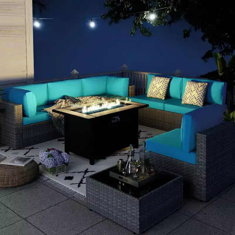 Celebalcony 8-Piece Patio Furniture Set with 45 Fire Pit Table,Outdoor Sectional Conversation Set Wicker Rattan Sofa Set with Coffee Table