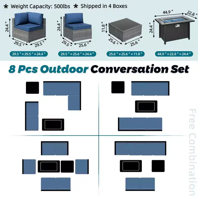 Celebalcony 8-Piece Patio Furniture Set with 45 Fire Pit Table,Outdoor Sectional Conversation Set Wicker Rattan Sofa Set with Coffee Table