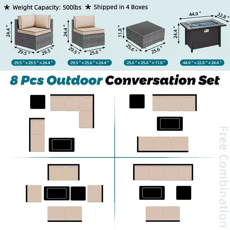 Celebalcony 8-Piece Patio Furniture Set with 45 Fire Pit Table,Outdoor Sectional Conversation Set Wicker Rattan Sofa Set with Coffee Table