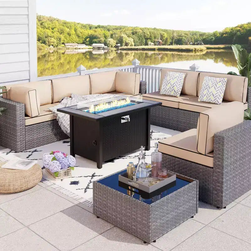 Celebalcony 8-Piece Patio Furniture Set with 45 Fire Pit Table,Outdoor Sectional Conversation Set Wicker Rattan Sofa Set with Coffee Table