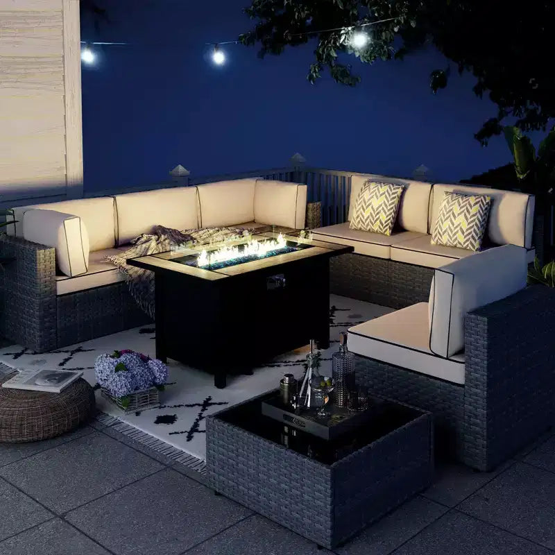 Celebalcony 8-Piece Patio Furniture Set with 45 Fire Pit Table,Outdoor Sectional Conversation Set Wicker Rattan Sofa Set with Coffee Table