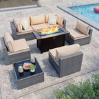 Celebalcony 8-Piece Patio Furniture Set with 45 Fire Pit Table,Outdoor Sectional Conversation Set Wicker Rattan Sofa Set with Coffee Table