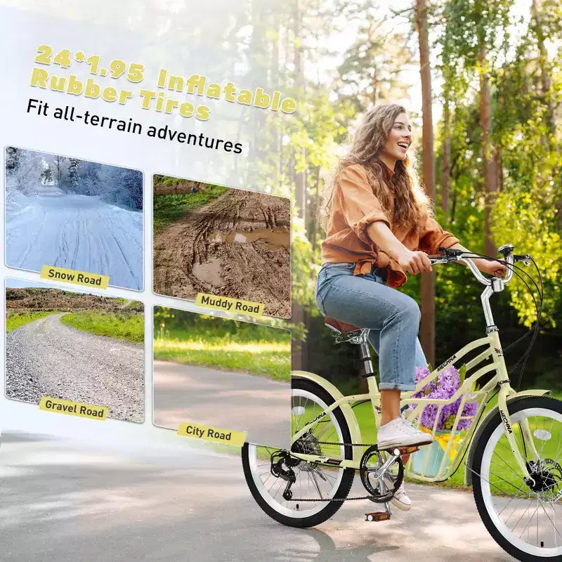 Vélo de croisière Okak 24 pouces avec grand panier, vélo adulte 6 vitesses avec cadre en acier et frein à disque, vélo de ville pour hommes et femmes