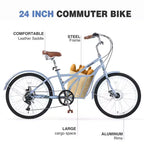 Vélo de croisière Okak 24 pouces avec grand panier, vélo adulte 6 vitesses avec cadre en acier et frein à disque, vélo de ville pour hommes et femmes