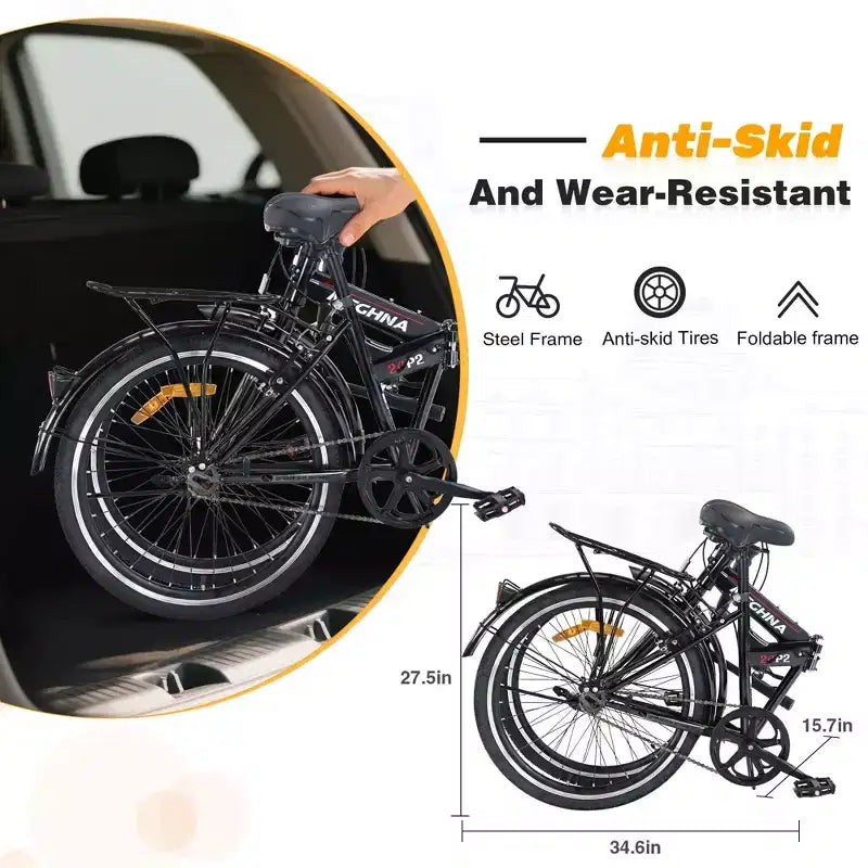 Vélo pliant Okak 24 pouces avec garde-boue et double frein en V, vélo de ville avec cadre en acier et porte-bagages, vélos de croisière pour hommes et femmes