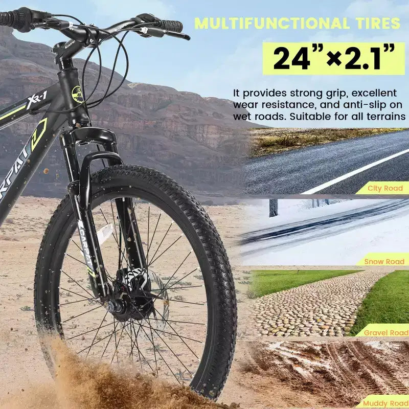 VTT Okak 24 pouces avec freins à disque doubles et suspension avant, vélo pour enfants avec 21 vitesses et cadre en acier, vélo pour garçons, filles