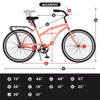 Vélos de plage Okak 26 pouces avec cadre en acier, transmission à vitesse unique, vélos adultes confortables, vélos pour hommes et femmes, rose