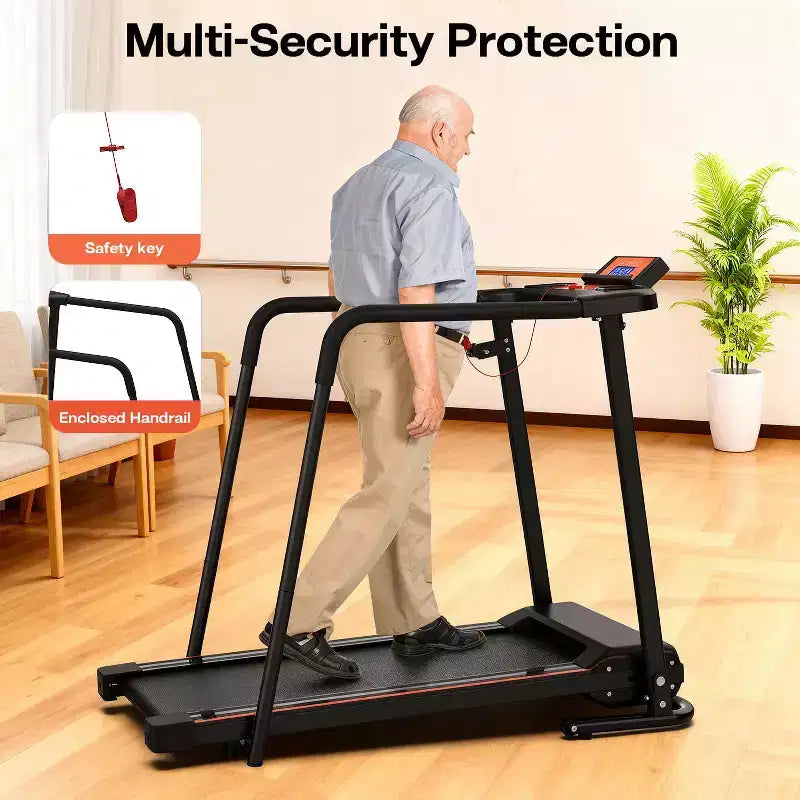 Tapis de course pliable pour seniors avec de longs repose-mains, option de contrôle par application, conception portable, capacité de poids de 136 kg