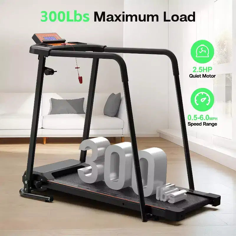 Tapis de course pliable pour seniors avec de longs repose-mains, option de contrôle par application, conception portable, capacité de poids de 136 kg