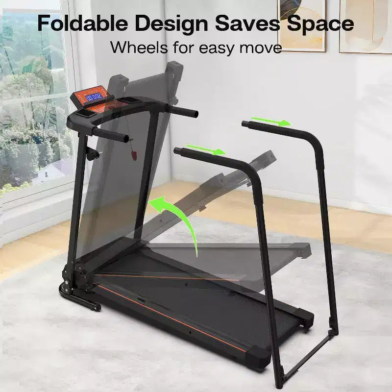 Tapis de course pliable pour seniors avec de longs repose-mains, option de contrôle par application, conception portable, capacité de poids de 136 kg