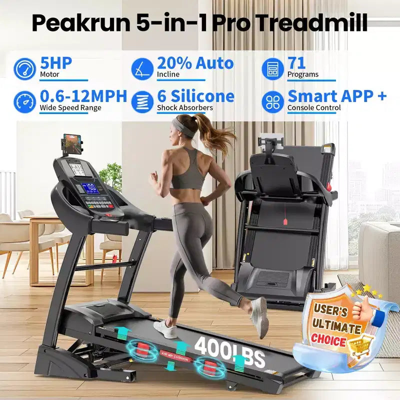 5HP Foldable Treadmill for Home w/ 15% Auto Incline, 400lbs Capacity, 10MPH Portable Treadmill, 64+7 Programs, Personalized Workout with APP