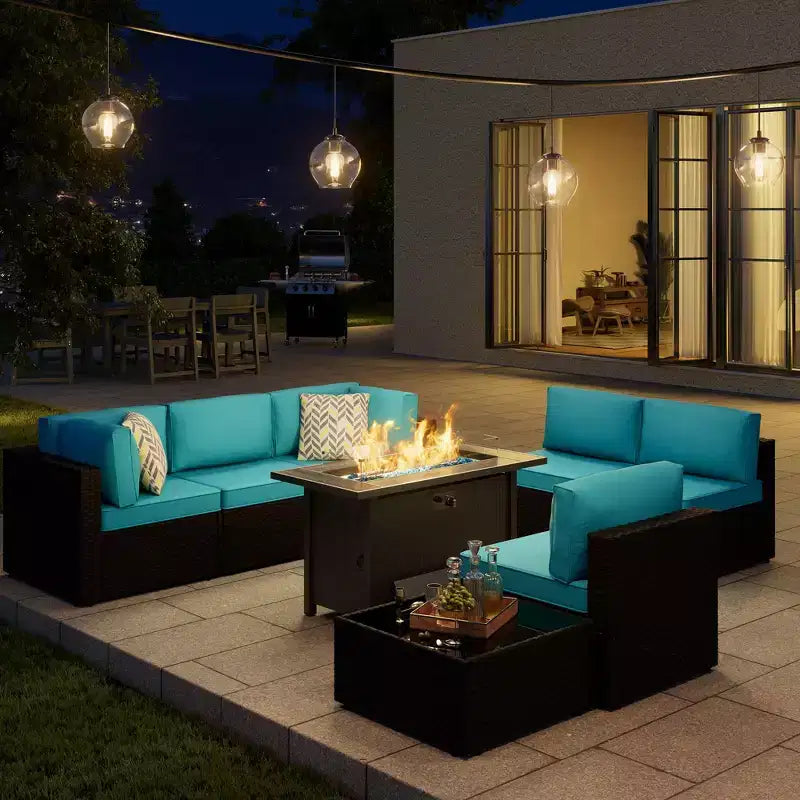 Celebalcony 8-Piece Black Frame Outdoor Patio Sectional Seating Group with Fire Pit Table