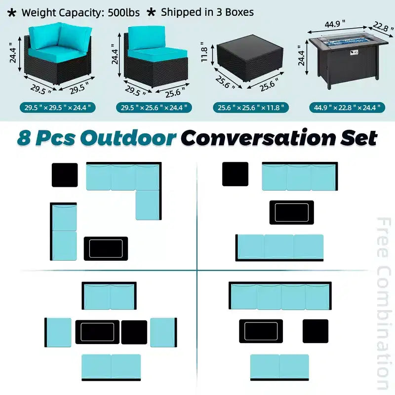 Celebalcony 8-Piece Black Frame Outdoor Patio Sectional Seating Group with Fire Pit Table