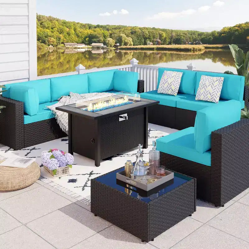 Celebalcony 8-Piece Black Frame Outdoor Patio Sectional Seating Group with Fire Pit Table