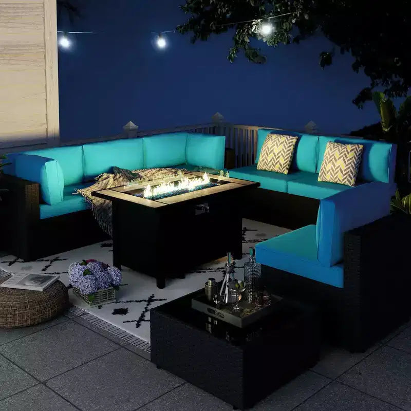 Celebalcony 8-Piece Black Frame Outdoor Patio Sectional Seating Group with Fire Pit Table