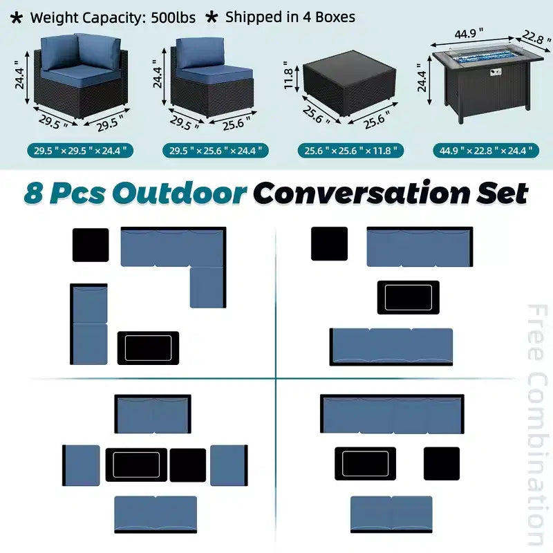 Celebalcony 8-Piece Black Frame Outdoor Patio Sectional Seating Group with Fire Pit Table