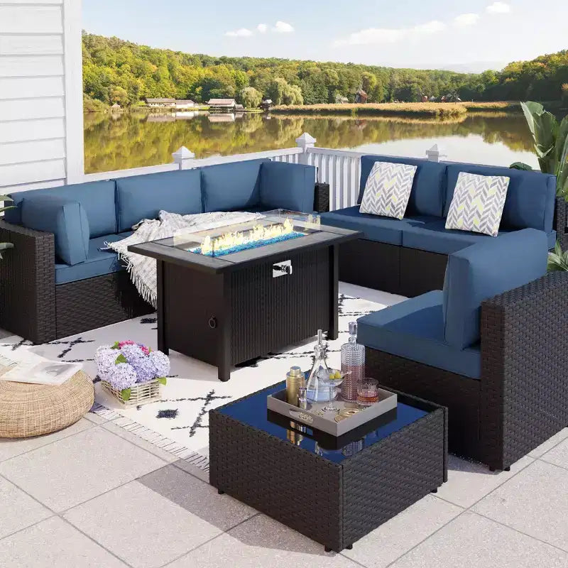 Celebalcony 8-Piece Black Frame Outdoor Patio Sectional Seating Group with Fire Pit Table