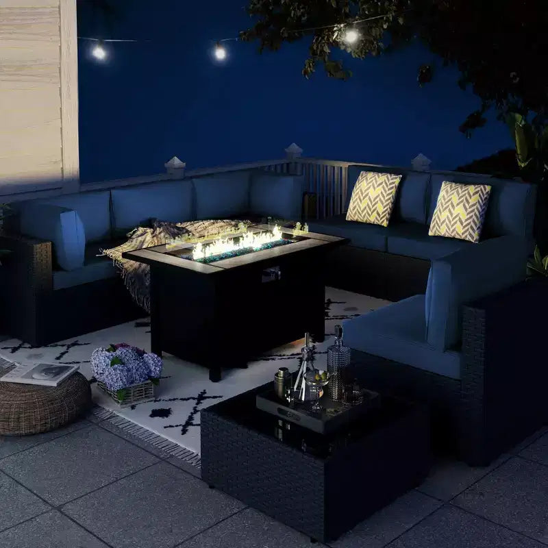 Celebalcony 8-Piece Black Frame Outdoor Patio Sectional Seating Group with Fire Pit Table