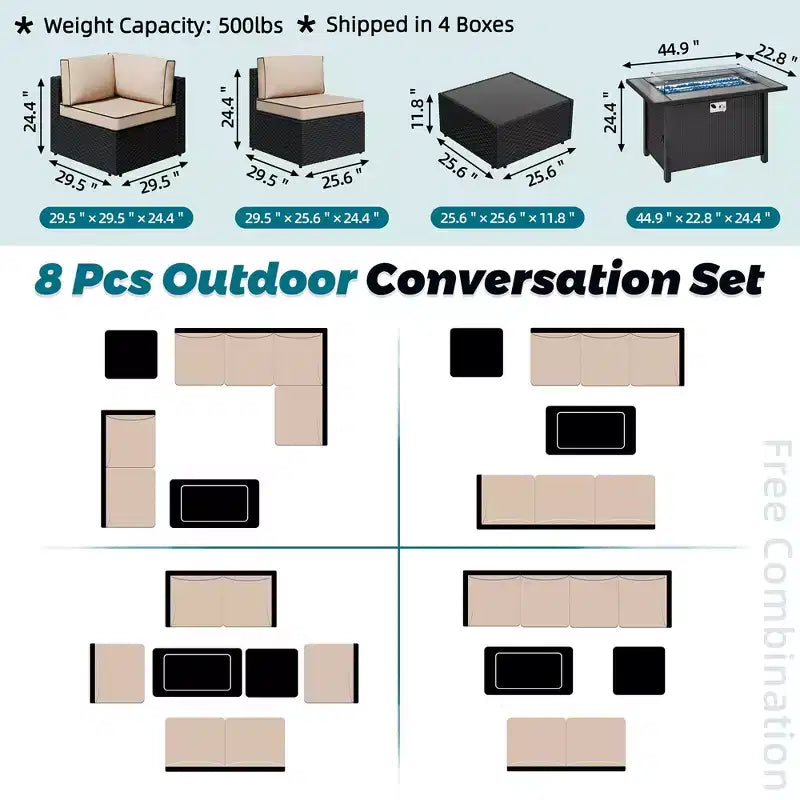 Celebalcony 8-Piece Black Frame Outdoor Patio Sectional Seating Group with Fire Pit Table