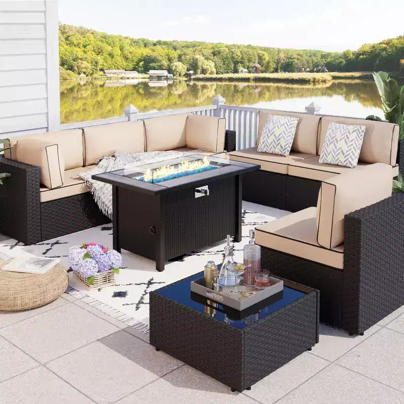 Celebalcony 8-Piece Black Frame Outdoor Patio Sectional Seating Group with Fire Pit Table