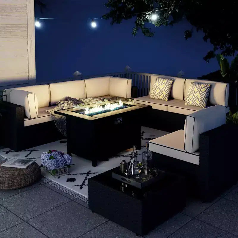 Celebalcony 8-Piece Black Frame Outdoor Patio Sectional Seating Group with Fire Pit Table