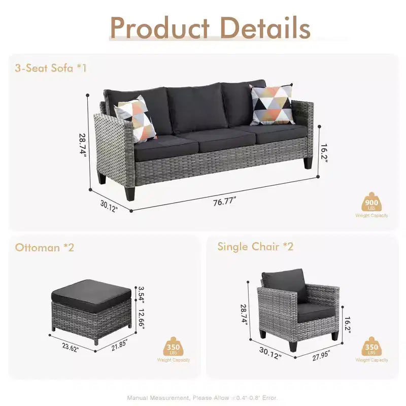 HOMLUX Canapé d'angle d'extérieur, ensemble de canapé d'extérieur modulaire en osier 5 pièces avec poufs, design toutes saisons