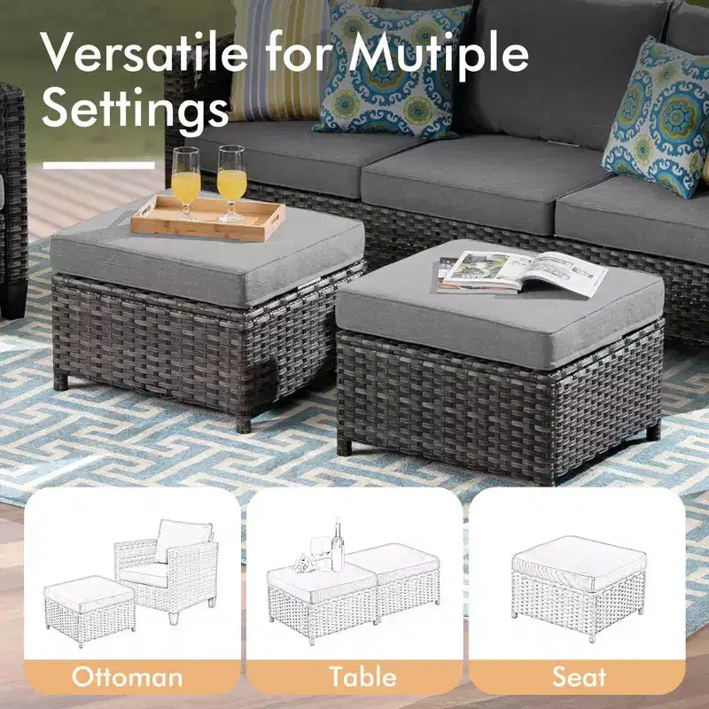 HOMLUX Canapé d'angle d'extérieur, ensemble de canapé d'extérieur modulaire en osier 5 pièces avec poufs, design toutes saisons