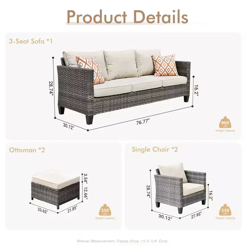 HOMLUX Canapé d'angle d'extérieur, ensemble de canapé d'extérieur modulaire en osier 5 pièces avec poufs, design toutes saisons