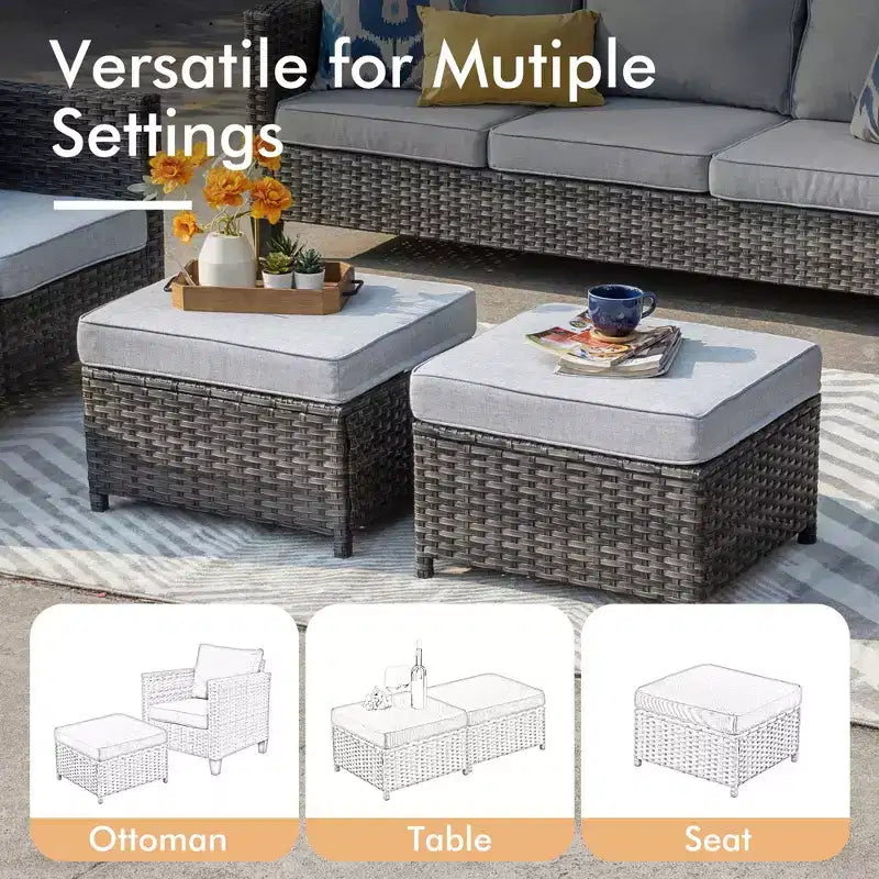 HOMLUX Canapé d'angle d'extérieur, ensemble de canapé d'extérieur modulaire en osier 5 pièces avec poufs, design toutes saisons