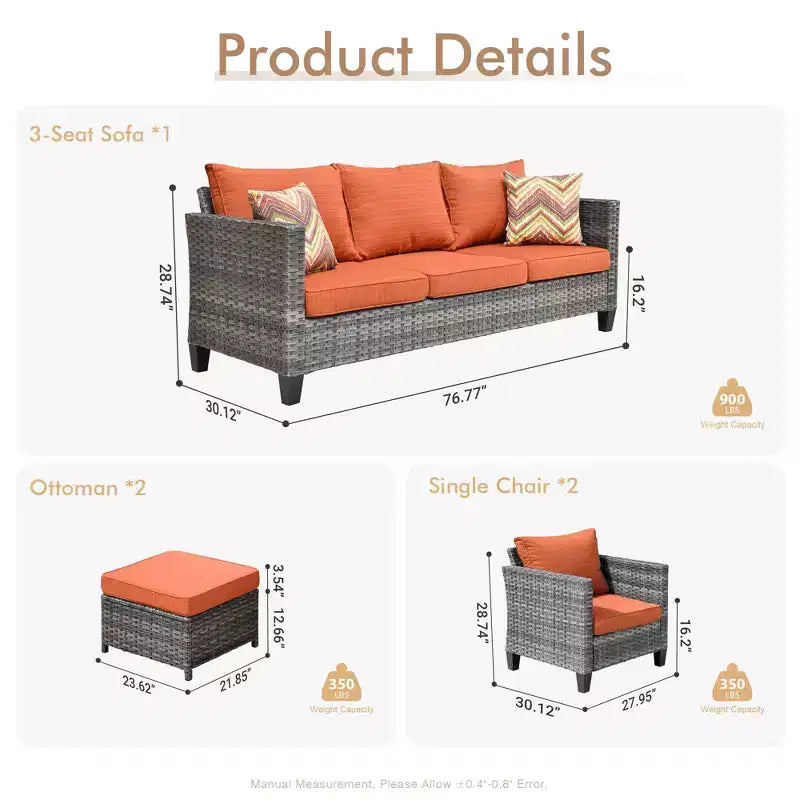 HOMLUX Canapé d'angle d'extérieur, ensemble de canapé d'extérieur modulaire en osier 5 pièces avec poufs, design toutes saisons