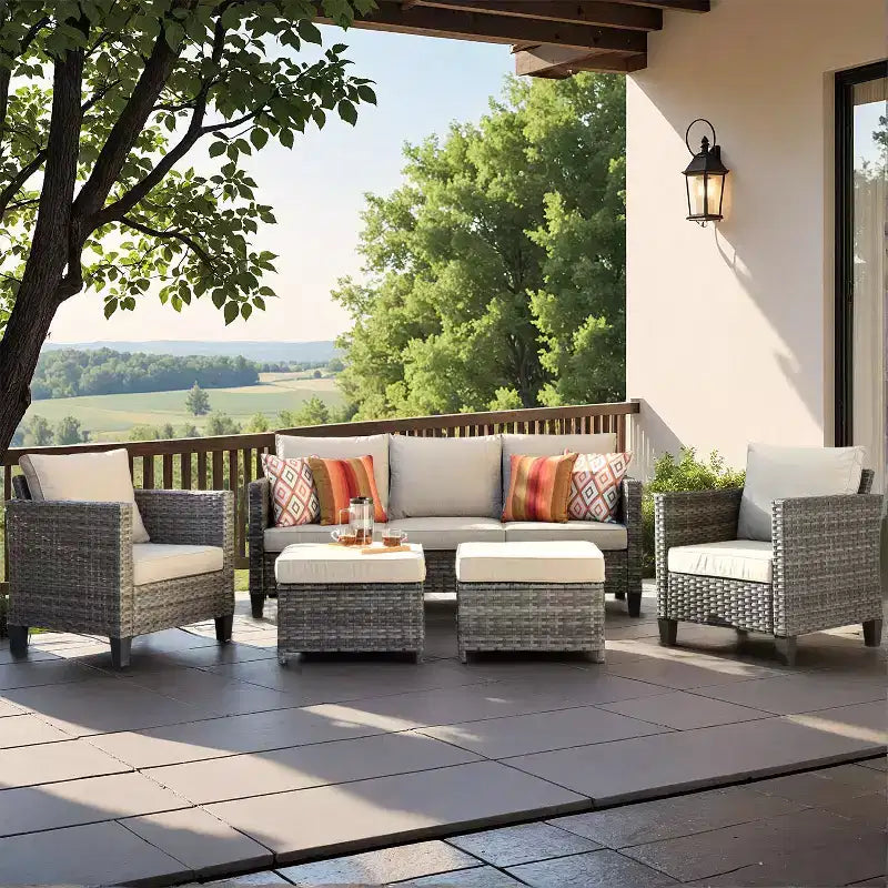 HOMLUX Canapé d'angle d'extérieur, ensemble de canapé d'extérieur modulaire en osier 5 pièces avec poufs, design toutes saisons