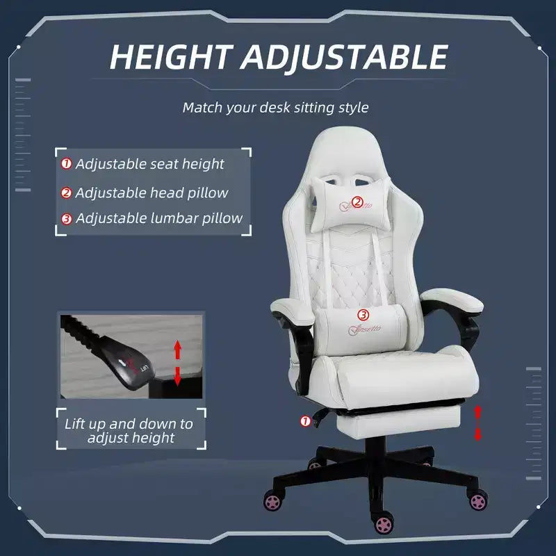 High Back PU Leather Gaming Chair, Racing Computer Chair with Swivel Wheels, Retractable Footrest, Headrest, Lumbar Support, and Armrest