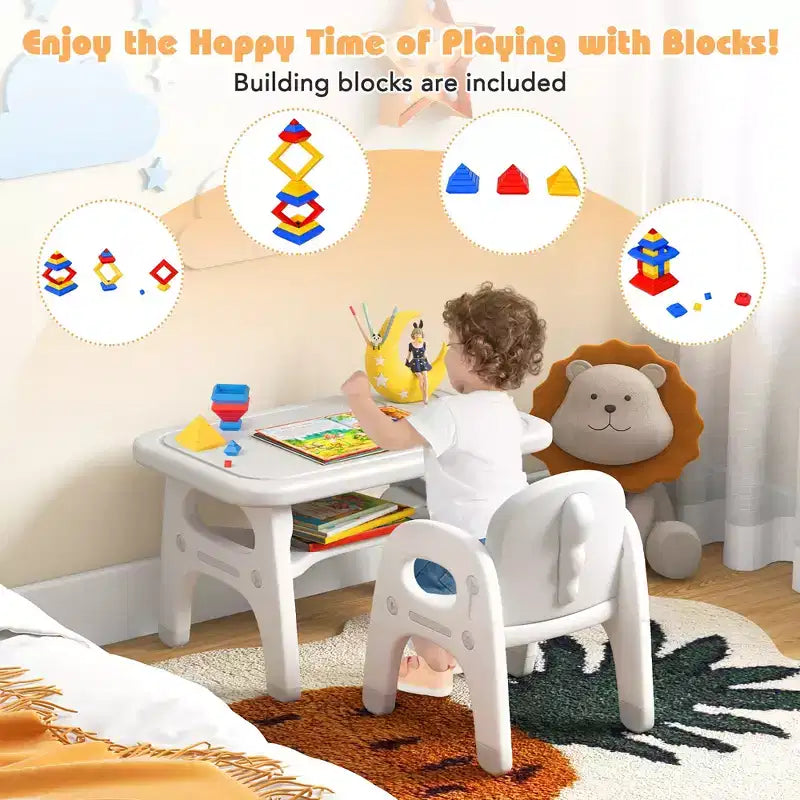 Costway Kids Table and Chair Set w/Cute Dinosaur Modeling Storage Rack & Building Blocks