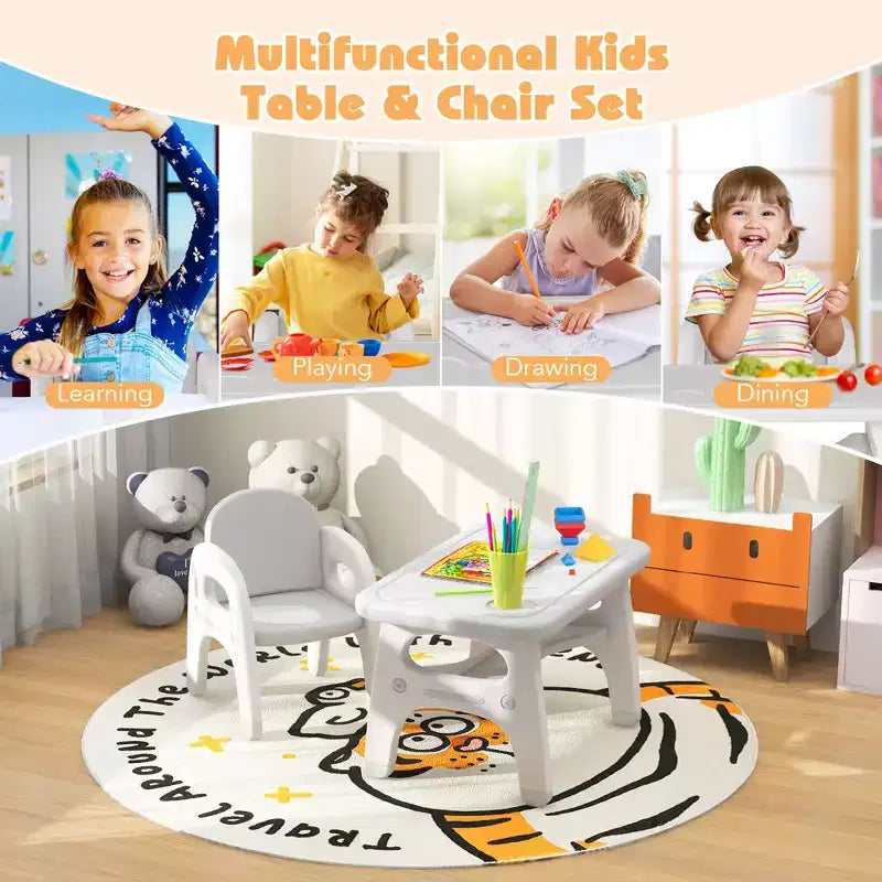 Costway Kids Table and Chair Set w/Cute Dinosaur Modeling Storage Rack & Building Blocks