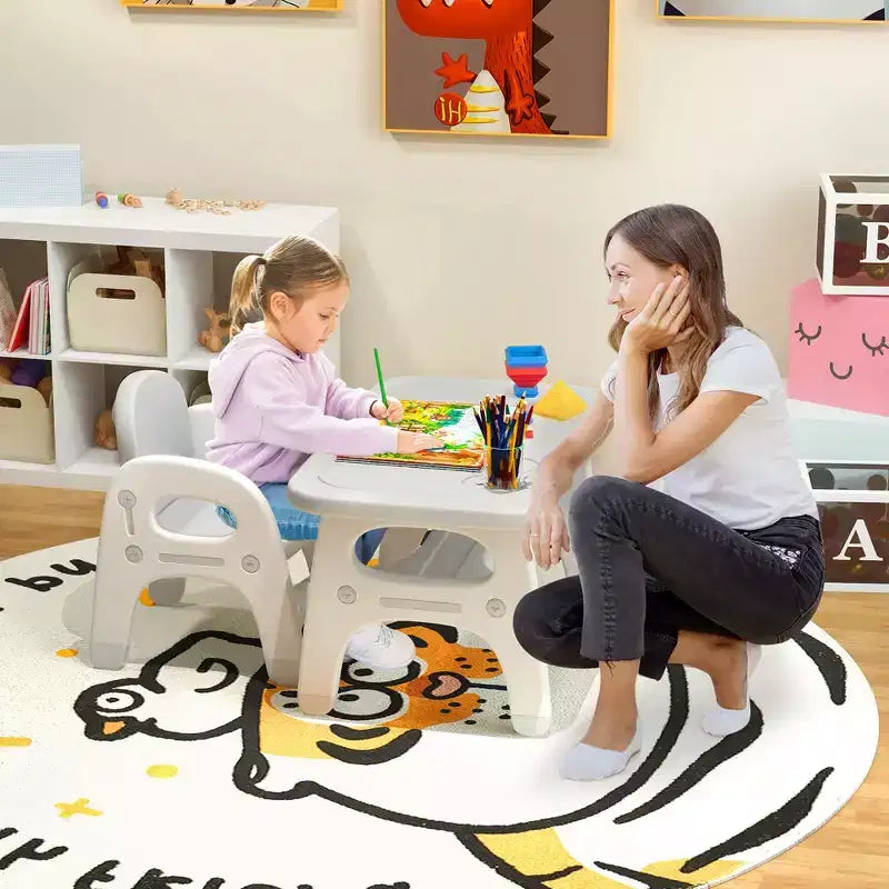 Costway Kids Table and Chair Set w/Cute Dinosaur Modeling Storage Rack & Building Blocks