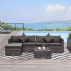 Ensemble de meubles de patio 6 pièces, ensemble de conversation extérieur en osier, canapé sectionnel en rotin PE résistant aux intempéries avec pouf, coussins et table en verre trempé