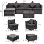 Ensemble de meubles de patio 6 pièces, ensemble de conversation extérieur en osier, canapé sectionnel en rotin PE résistant aux intempéries avec pouf, coussins et table en verre trempé