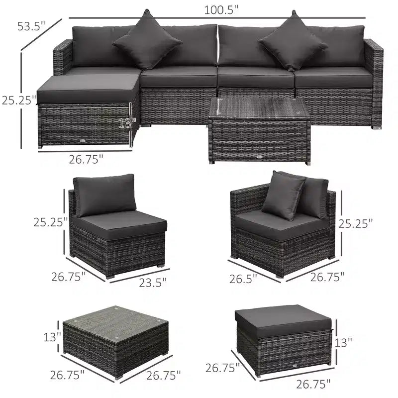 Ensemble de meubles de patio 6 pièces, ensemble de conversation extérieur en osier, canapé sectionnel en rotin PE résistant aux intempéries avec pouf, coussins et table en verre trempé