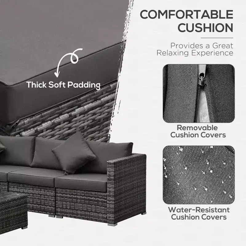 Ensemble de meubles de patio 6 pièces, ensemble de conversation extérieur en osier, canapé sectionnel en rotin PE résistant aux intempéries avec pouf, coussins et table en verre trempé