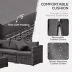 Ensemble de meubles de patio 6 pièces, ensemble de conversation extérieur en osier, canapé sectionnel en rotin PE résistant aux intempéries avec pouf, coussins et table en verre trempé