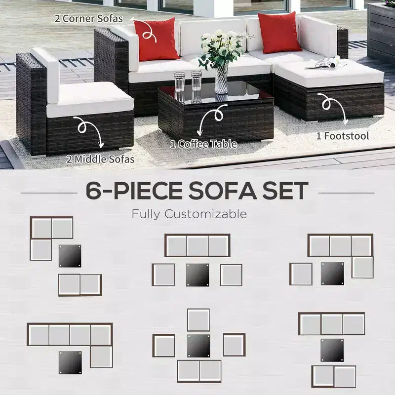 Ensemble de meubles de patio 6 pièces, ensemble de conversation extérieur en osier, canapé sectionnel en rotin PE résistant aux intempéries avec pouf, coussins et table en verre trempé