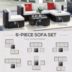 Ensemble de meubles de patio 6 pièces, ensemble de conversation extérieur en osier, canapé sectionnel en rotin PE résistant aux intempéries avec pouf, coussins et table en verre trempé