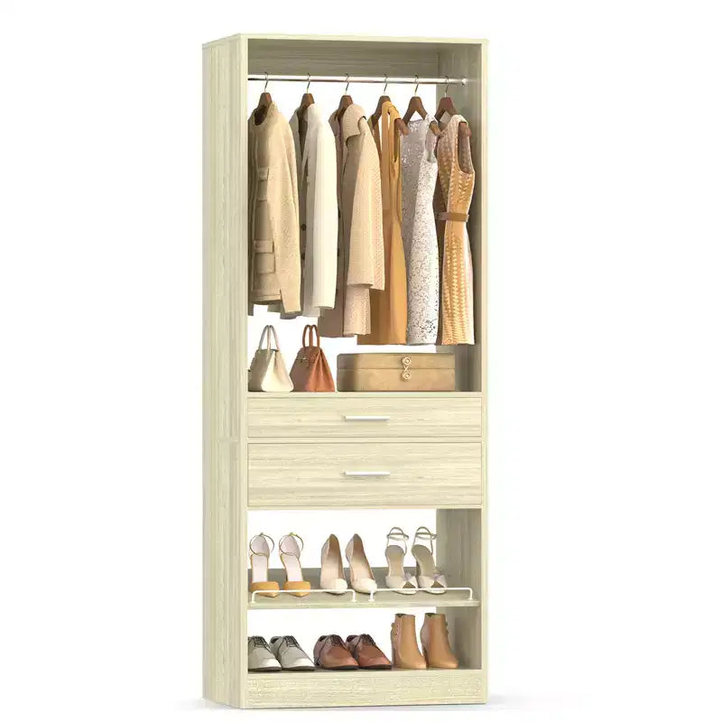 Besiost 25-In Closet Organizer with Wood Drawers and Shoe Rack, Freestanding Closet System with Hanging Rods -