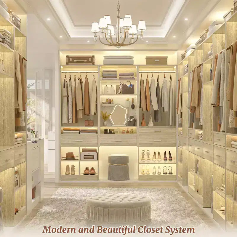 Besiost 25-In Closet Organizer with Wood Drawers and Shoe Rack, Freestanding Closet System with Hanging Rods -