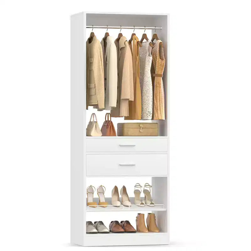 Besiost 25-In Closet Organizer with Wood Drawers and Shoe Rack, Freestanding Closet System with Hanging Rods -