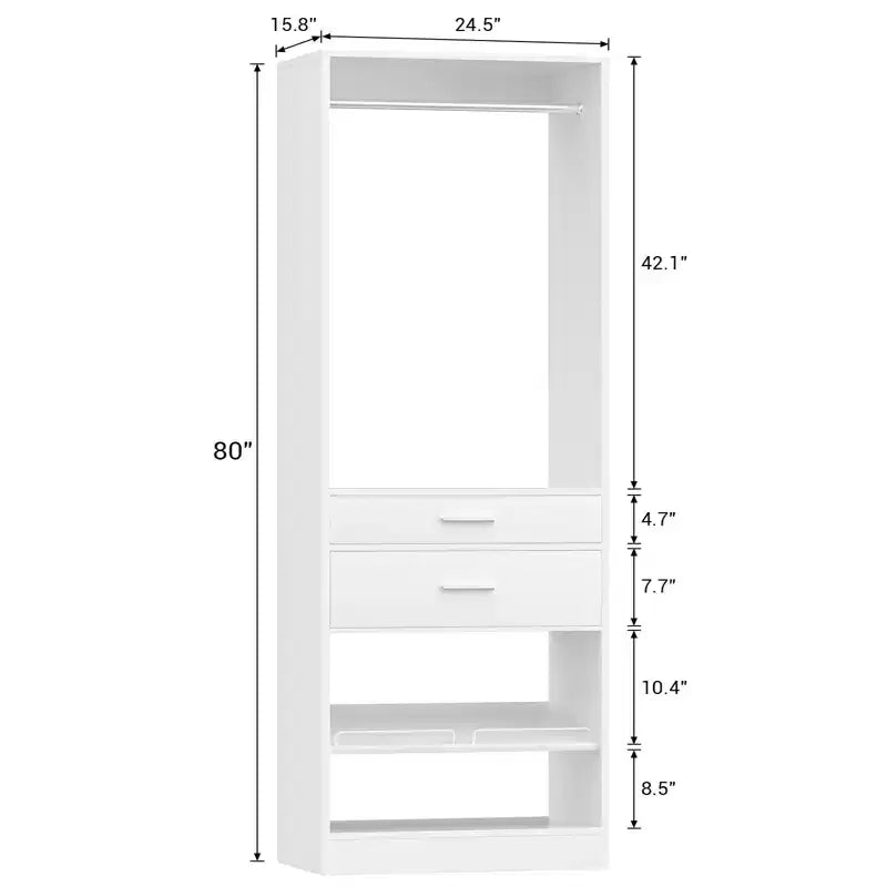 Besiost 25-In Closet Organizer with Wood Drawers and Shoe Rack, Freestanding Closet System with Hanging Rods -