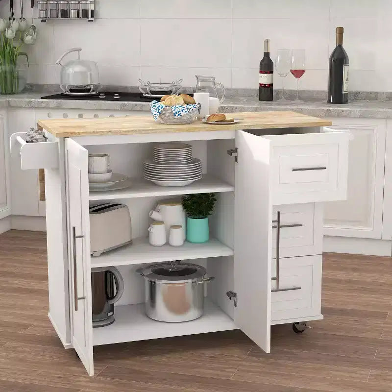 MAYEERTY White Kitchen Island, Extensible Solid Wood Top Spice Rack Towel Rack