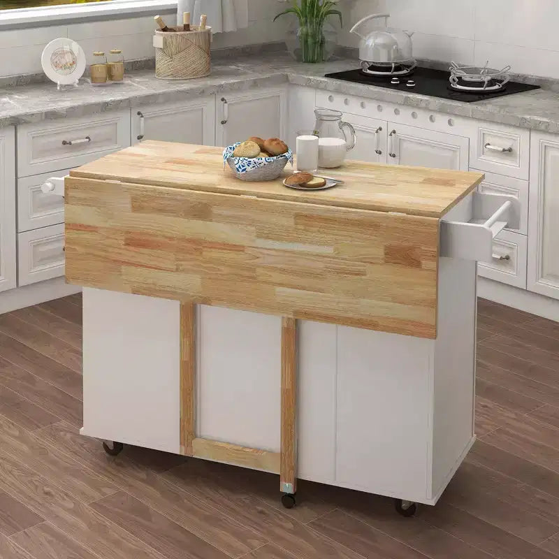 MAYEERTY White Kitchen Island, Extensible Solid Wood Top Spice Rack Towel Rack