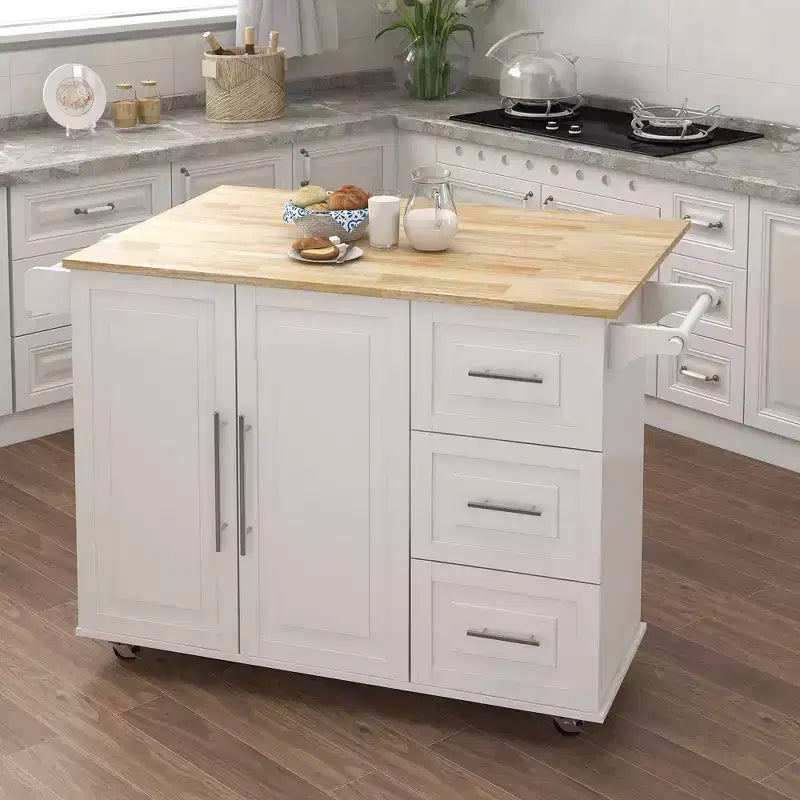 MAYEERTY White Kitchen Island, Extensible Solid Wood Top Spice Rack Towel Rack